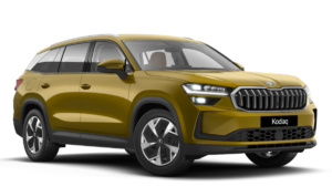 Mustard yellow Skoda Kodiaq 4x4 shown from a front-quarter angle in a studio for the 2026 India launch
