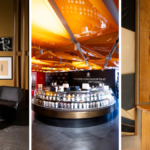Collage showing two modern brown chairs with framed art, a curved product display, and a black face-shaped pot on wood.