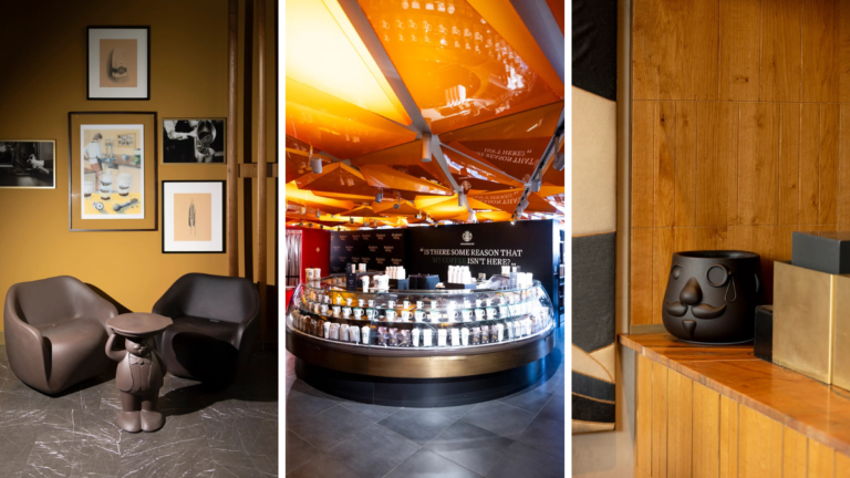 Collage showing two modern brown chairs with framed art, a curved product display, and a black face-shaped pot on wood.