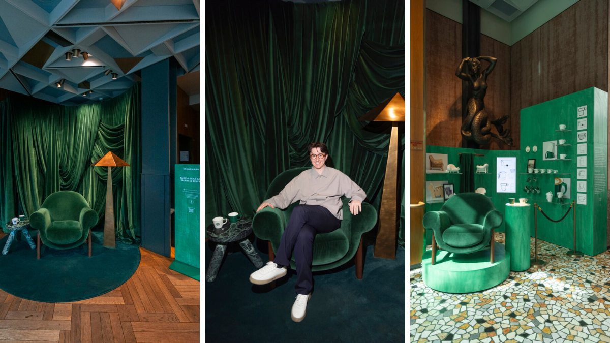 A person sits in a plush green chair amidst emerald curtains, displaying Starbucks sustainable furniture designs in Milan.