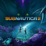 Two divers swim near a giant alien creature under the Subnautica 2 logo on a GeForce NOW cloud gaming banner.
