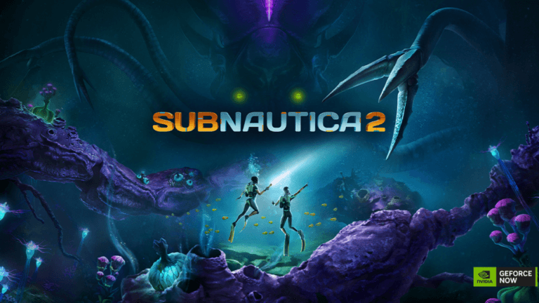 Your old laptop can now stream the newest racing titles 4 Two divers swim near a giant alien creature under the Subnautica 2 logo on a GeForce NOW cloud gaming banner.