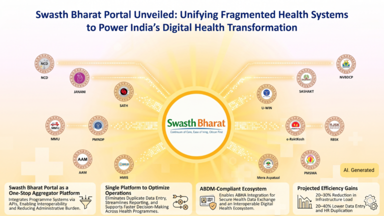 Infographic showing Swasth Bharat Portal connected to health apps like U-WIN and e-RaktKosh for ABDM integration in India.