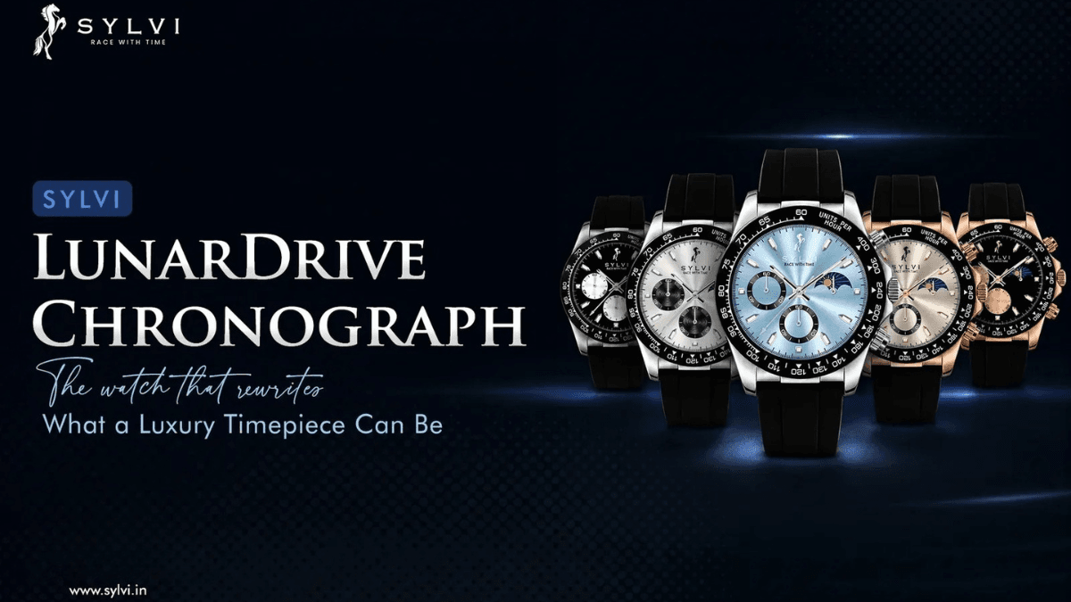An analog digital dial under ₹1,800 targets premium space styling 1 Five Sylvi LunarDrive watches with varied dials, metallic finishes, and black straps on a dark, light-streaked digital bac...