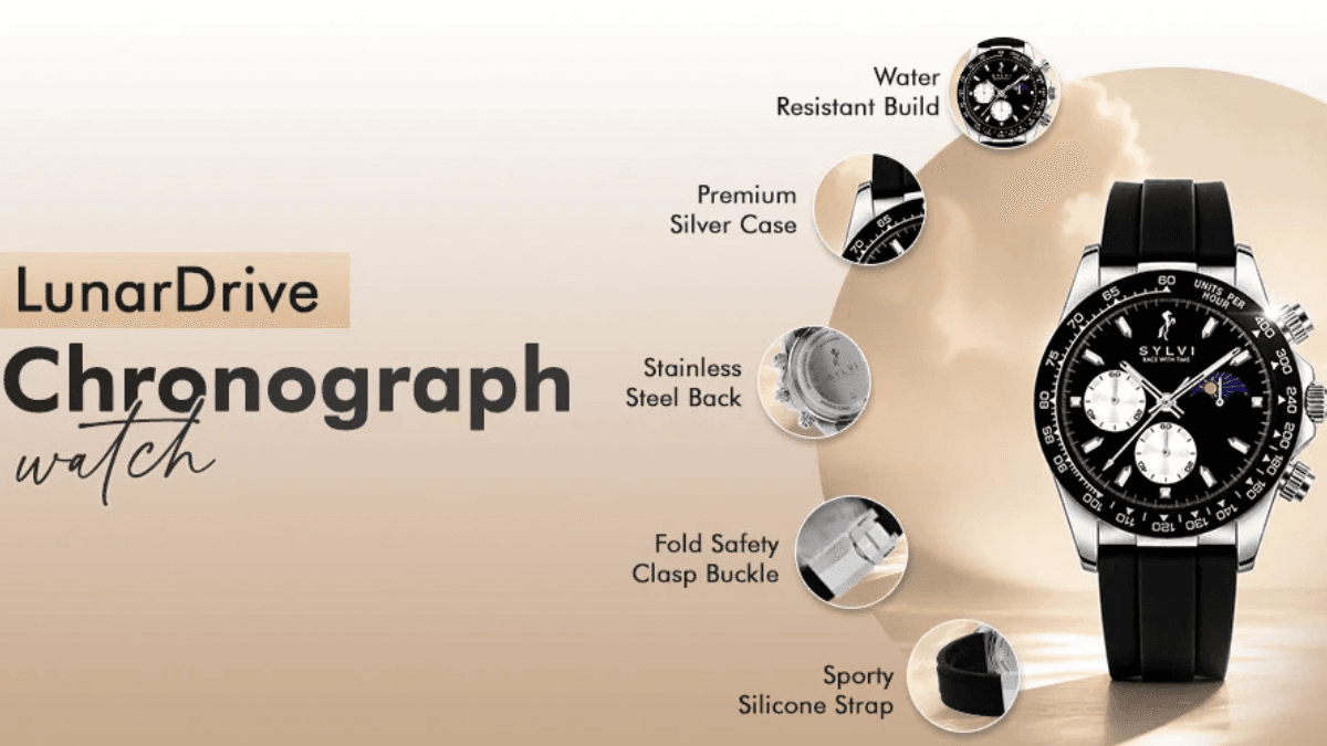 An analog digital dial under ₹1,800 targets premium space styling 2 A black Sylvi LunarDrive Chronograph watch displayed next to circular feature highlights detailing the case, buckle, and silicone strap.