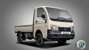 Cream-coloured Tata Ace Gold+ XL mini-truck with an 8-foot cargo bed and a 21-year anniversary seal on a grey background.