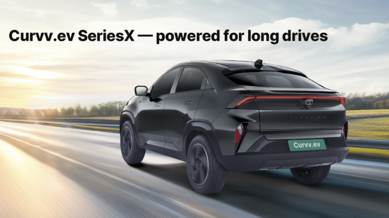 Rear view of a black Tata Curvv.ev SeriesX driving on a highway with a 502 km range text overlay in India.