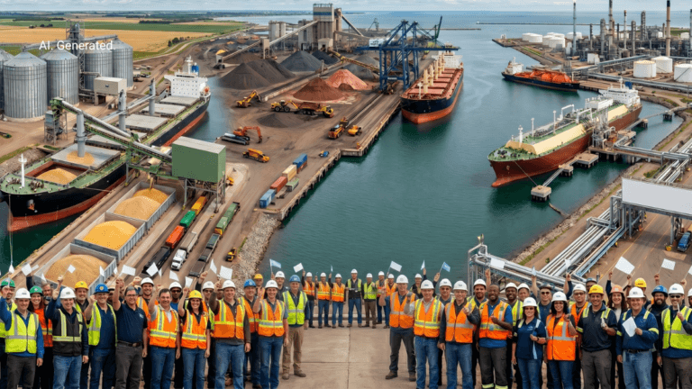 Industrial port workers cheering in front of cargo ships, silos, and mineral piles, representing the Tata Mercuria venture.