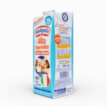 Sterilgarda 1-litre milk carton with slanted top on white background showing Tetra Pak paper barrier sustainability.