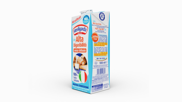 Sterilgarda 1-litre milk carton with slanted top on white background showing Tetra Pak paper barrier sustainability.