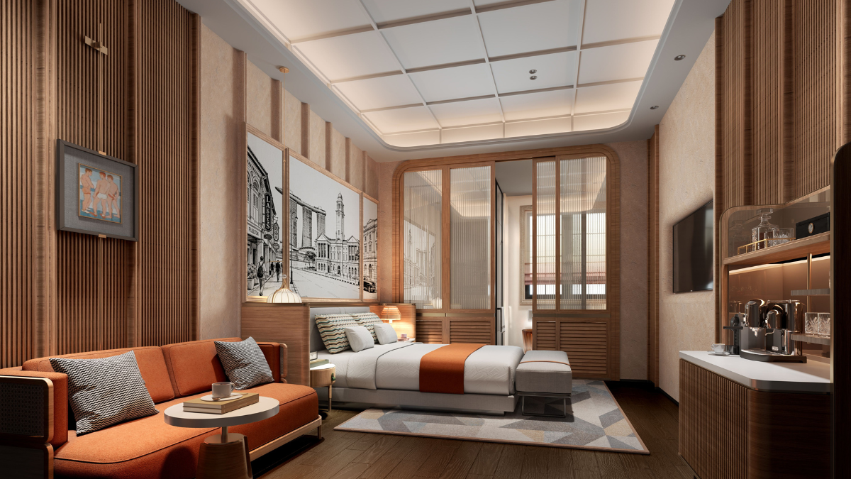 Warm wooden guest room featuring an orange sofa and a large heritage mural of Singapore street scenes behind the bed.