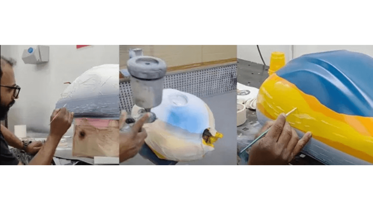 Three split images showing an artist using brushes and a spray tool to hand-paint a motorcycle fuel tank in India.