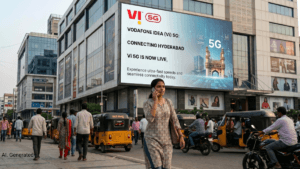 A woman uses a phone on a Hyderabad street with auto-rickshaws below a giant digital Vi 5G billboard.