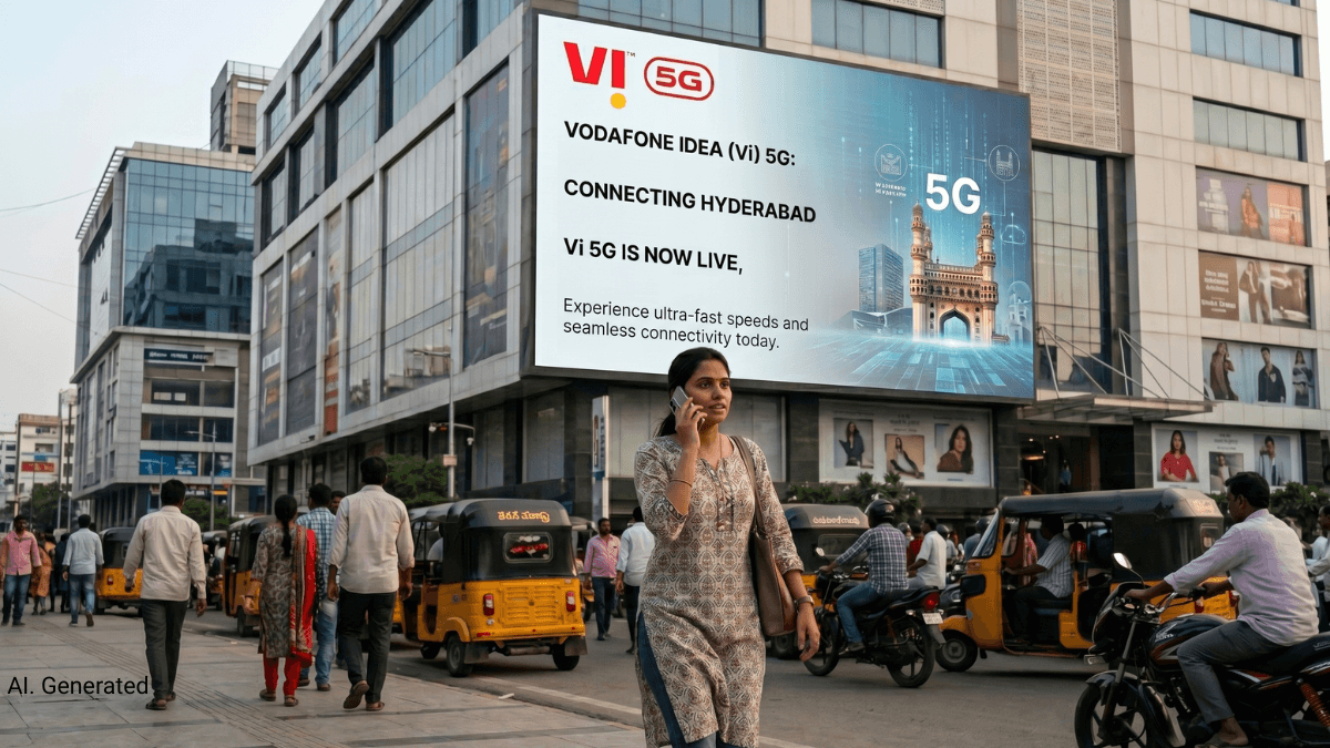 Hyderabad gets 5G data across its busiest IT corridors 1 A woman uses a phone on a Hyderabad street with auto-rickshaws below a giant digital Vi 5G billboard.