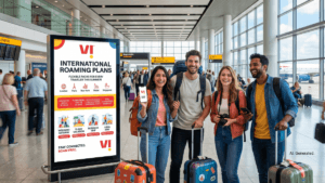 A digital advertisement board showing Vi international roaming plans next to young travellers holding luggage at an airport.