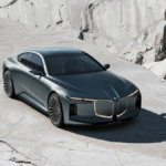Grey Vision BMW ALPINA coupé on a light rocky quarry ledge, previewing its global luxury design framework.