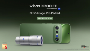 Urban Olive vivo X300 FE smartphone shown with the ZEISS Telephoto Extender Gen 2 accessory for professional India mobile ...