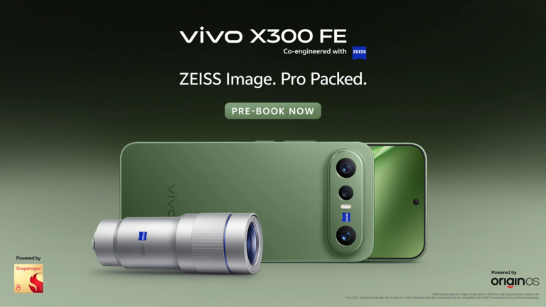 Urban Olive vivo X300 FE smartphone shown with the ZEISS Telephoto Extender Gen 2 accessory for professional India mobile ...