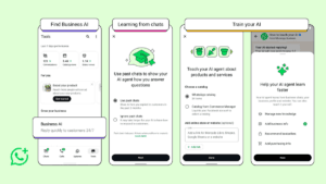 Four smartphone screens showing the setup interface for Business AI within the WhatsApp app during its India launch.