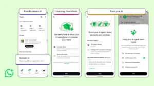 Four smartphone screens showing the setup interface for Business AI within the WhatsApp app during its India launch.