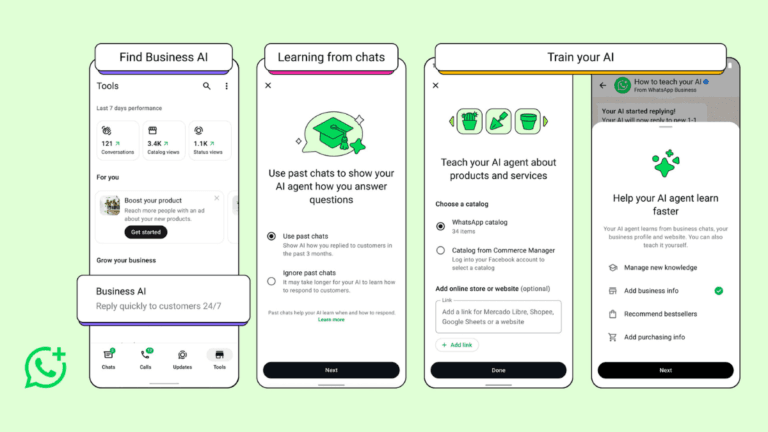 The AI tool that could save your business from missed orders 1 Four smartphone screens showing the setup interface for Business AI within the WhatsApp app during its India launch.