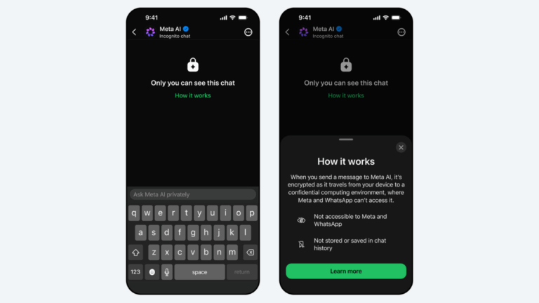 Two iPhone screenshots showing the WhatsApp Meta AI incognito chat interface with a 'How it works' overlay detailing encry...