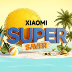 3D Xiaomi Super Saver text on a tropical beach with palm trees and surfboard representing the India sale event
