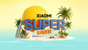3D Xiaomi Super Saver text on a tropical beach with palm trees and surfboard representing the India sale event