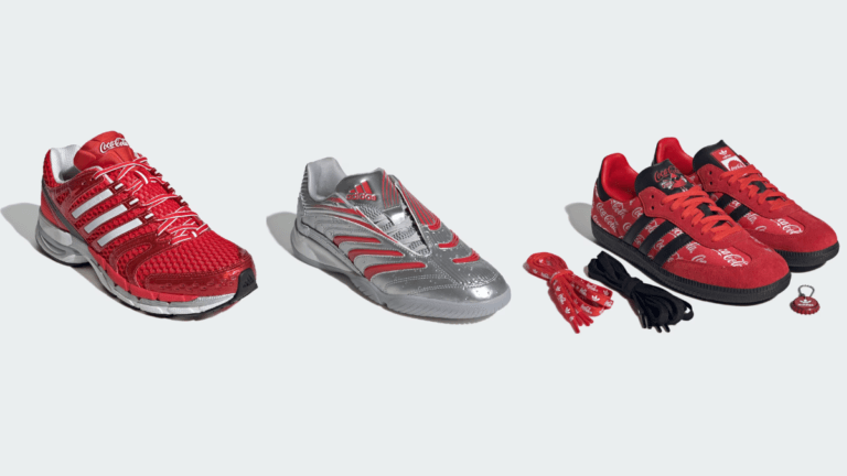 Red and silver adidas Coca-Cola sneakers from the 2000s archival collection displayed on a white background.