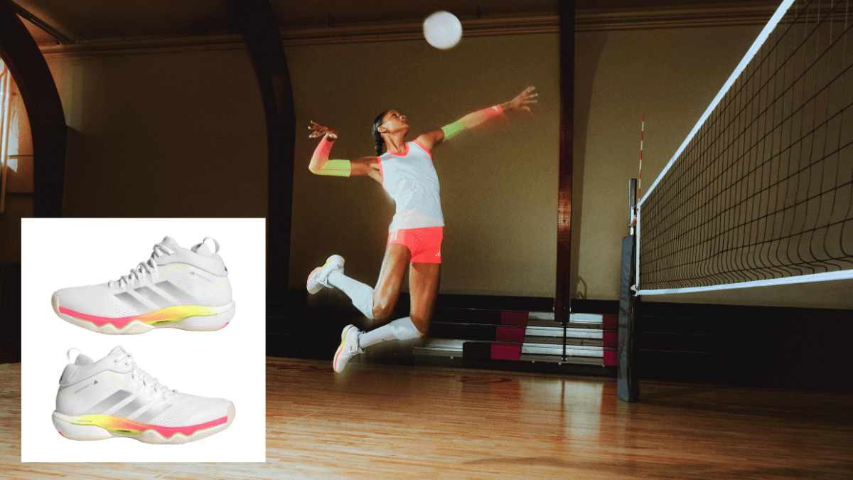 Is the Lightstrike Pro foam worth it for volleyball players? 2 Volleyball player jumping on a court next to an inset of the adidas Crazyflight 7 mid-cut shoe.
