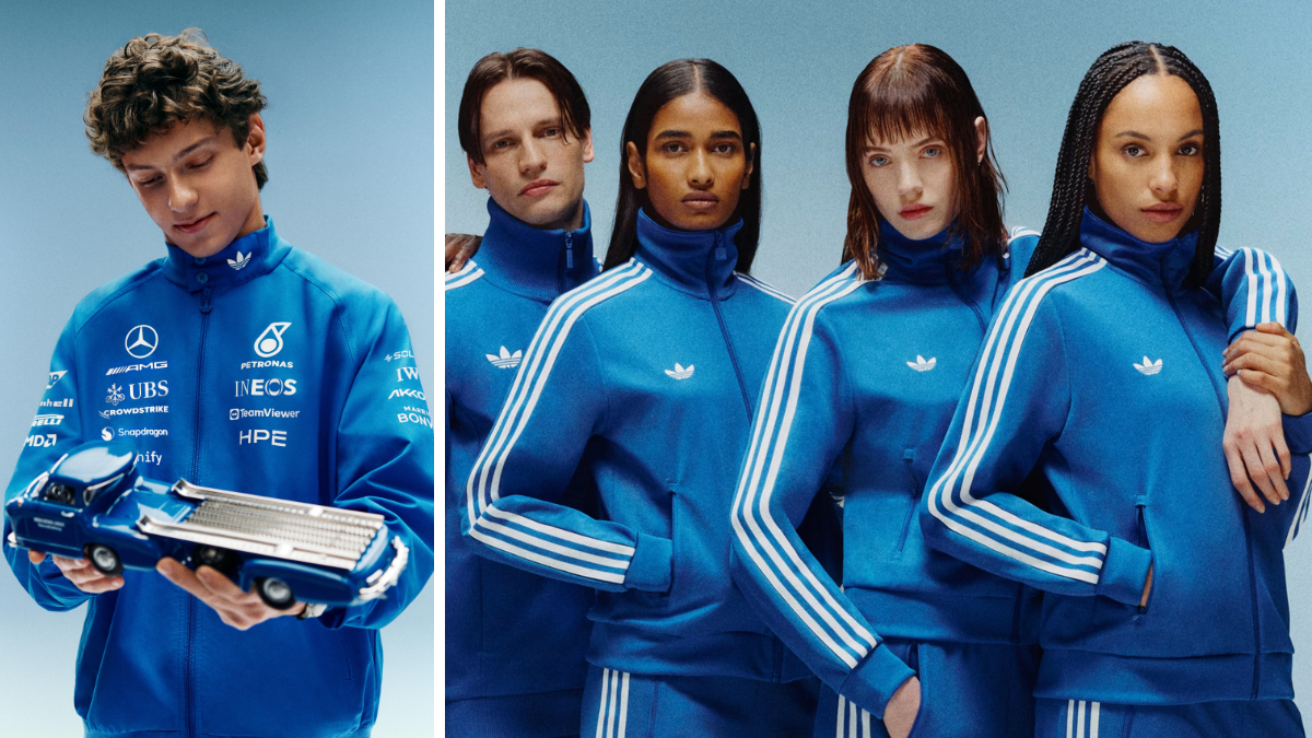 Retro F1 racing gear arrives in India starting at ₹2,999 1 Models wearing blue zip tracksuits with white stripes, one holding a model truck, showcasing the heritage collection.