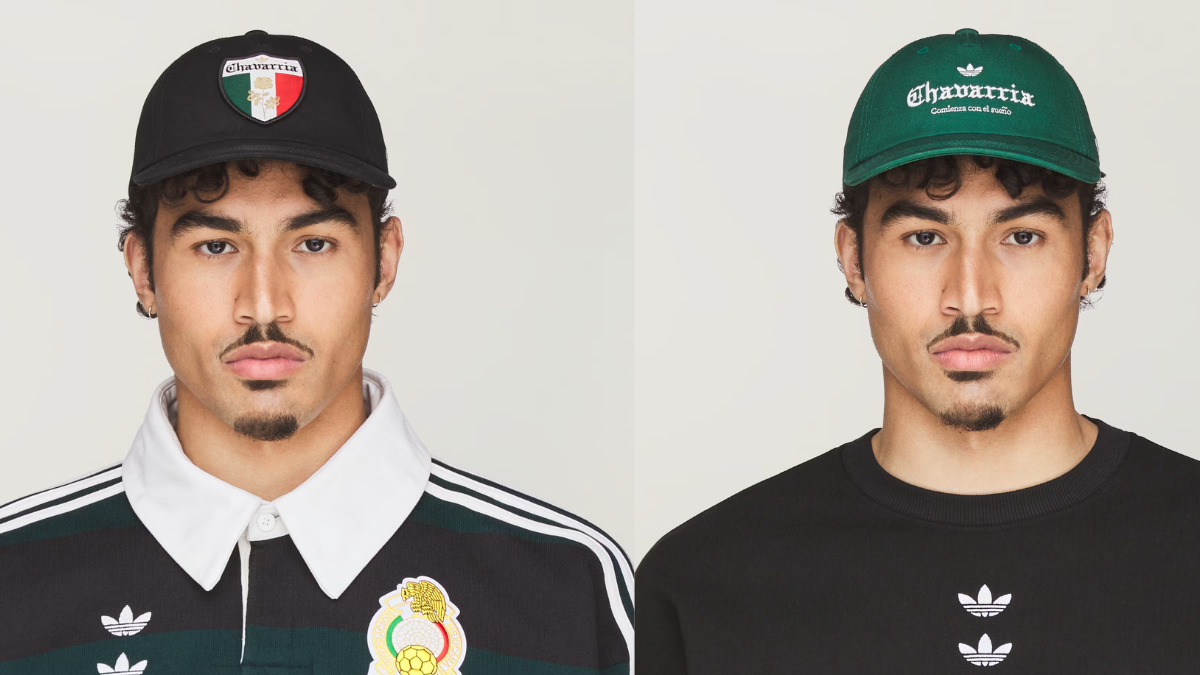Split view of a man wearing a black crest cap on the left and a green embroidered cap on the right, streetwear hat.