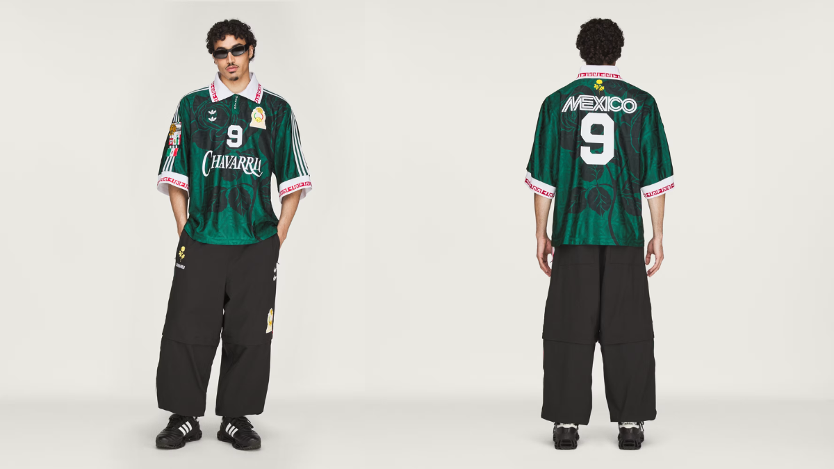 Man in green Mexico football jersey and wide black track pants shown from front and back, adidas apparel collection.