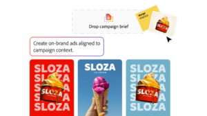 Campaign brief box and colour swatch above three red and blue automated ice cream ad variations on a software interface.
