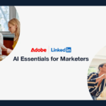 Office workers around a laptop next to two women using a smartphone, flanking Adobe, LinkedIn, and AI course logos.
