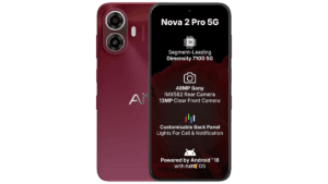 Deep red Ai+ Nova 2 Pro 5G smartphone displaying its back panel and front screen with specs for India launch.