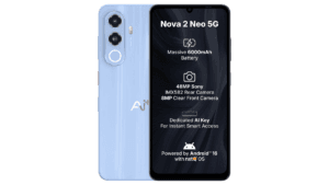 Light blue Ai+ Nova 2 Neo 5G phone front and back views displaying specs on screen for Flipkart India launch.