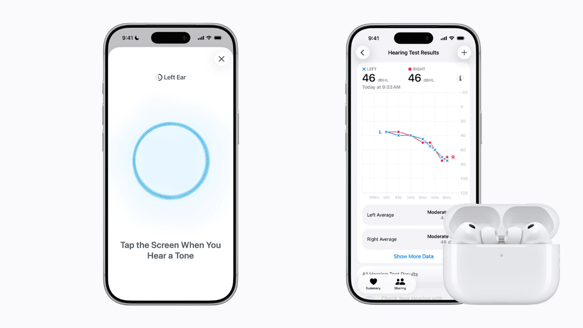 Two iPhones showing an interactive hearing test screen and an audiogram result graph next to white AirPods Pro in India.