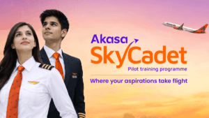 Two pilots in uniform looking up against a sunset sky with an airplane and Akasa SkyCadet course text in India.