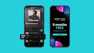 Two smartphones displaying the Amazon Music app with a Bollywood playlist and a six months free Unlimited trial in India.