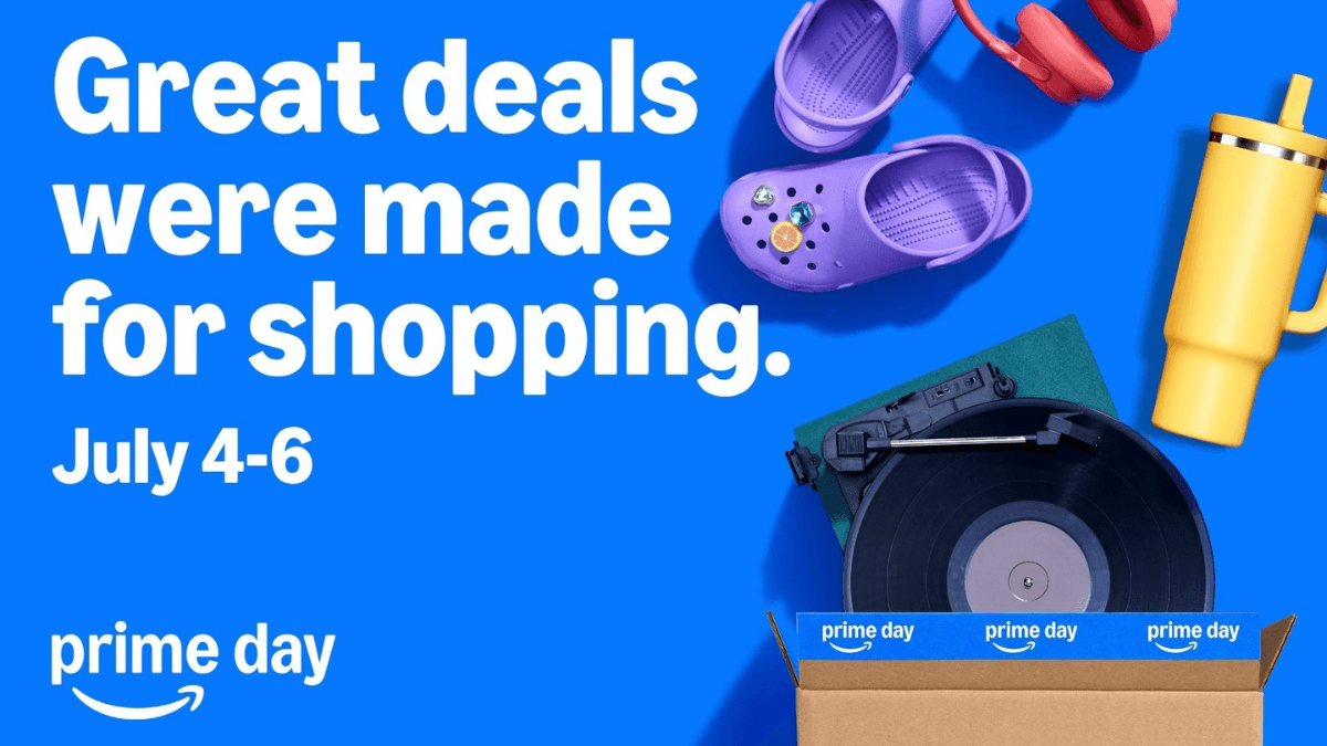 Why this Prime Day will save you serious money? 1 Purple clogs, red headphones, a yellow tumbler, and a vinyl record player on a blue background for Prime Day India.