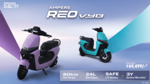 Purple and cyan Ampere Reo VYB scooters displayed side-by-side with text highlighting the introductory price and range.