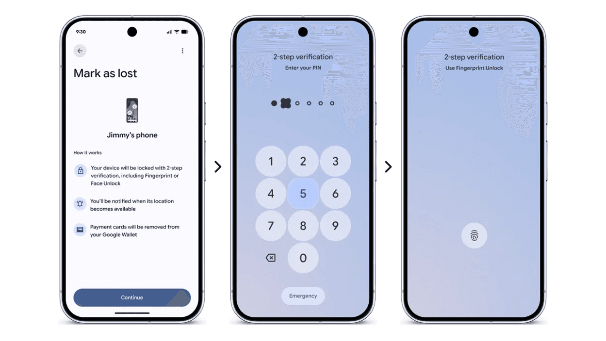 Three smartphone screens illustrating the biometric PIN and fingerprint theft security setup flow for India users.