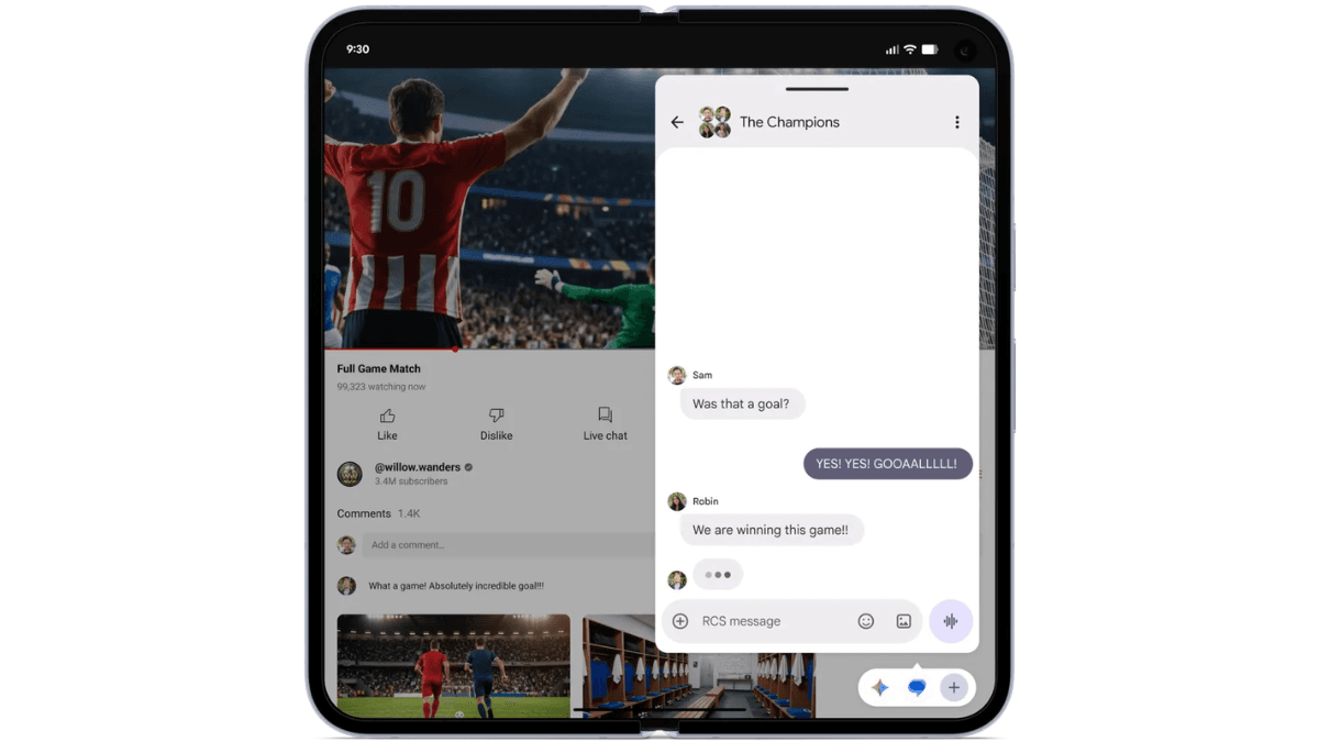 Foldable phone display showing a football match video next to a floating chat bubble application window in India.