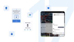 Android 17 interface cards showing location prompt and lost device security features on a white background in India.
