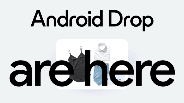 Text reading Android Drop are here overlapping a digital card displaying clothes for the new wardrobe update.