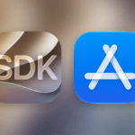 An SDK app icon beside the blue Apple App Store icon on a blurred backdrop representing mobile software updates.
