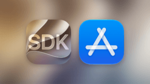 An SDK app icon beside the blue Apple App Store icon on a blurred backdrop representing mobile software updates.