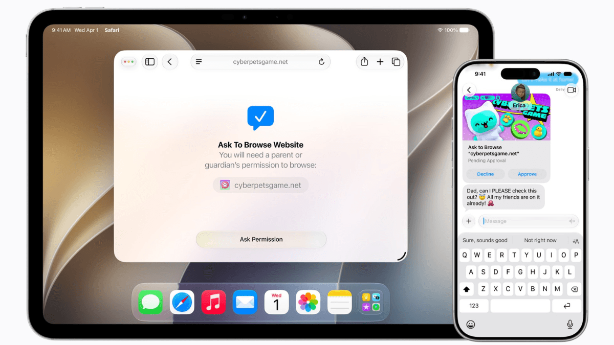 Blocking violent content is now standard for users under 18 3 iPad web permission prompt next to an iPhone showing the iMessage parent approval buttons for a child device in India.