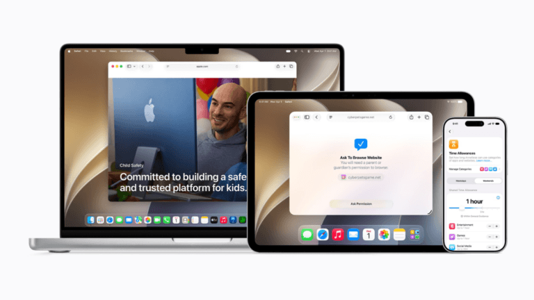 Blocking violent content is now standard for users under 18 1 MacBook iPad and iPhone displaying Apple child safety Screen Time and web approval settings for family devices in India.